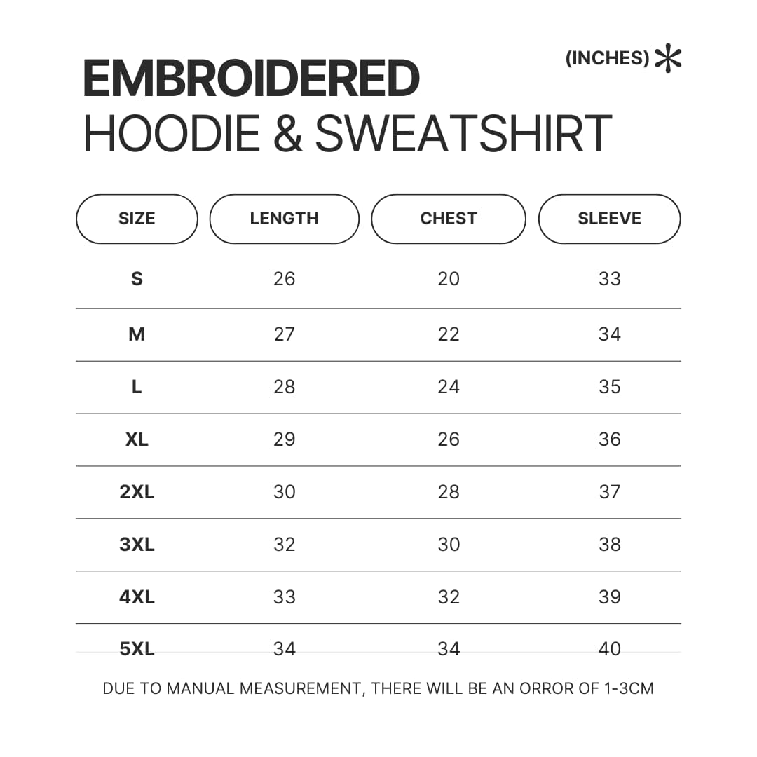 Embroidered Hoodie Sweatshirt Size Chart - French Bulldog Merch