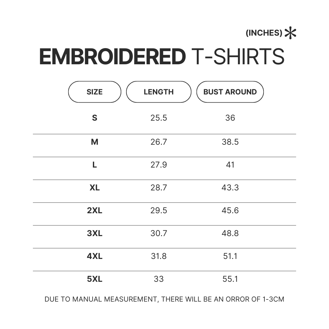 Embroidered T shirt Size Chart - French Bulldog Merch